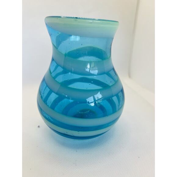 Hand Blown Art Glass Blue Swirls Decorative 5" Vase - Picture 2 of 9